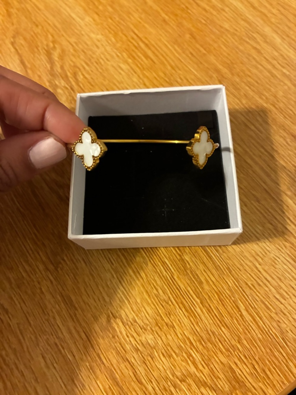 Gold Tone White Clover Open Bangle Bracelet